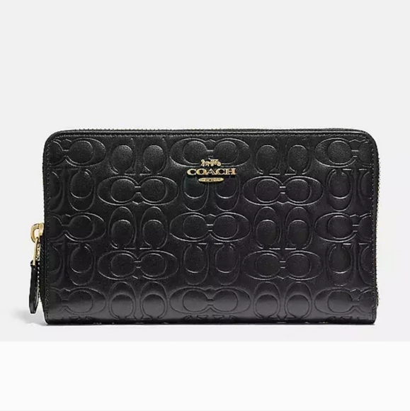 COACH Signature Black Leather Continental Zip Around Wallet 42316-Black - Picture 2 of 7